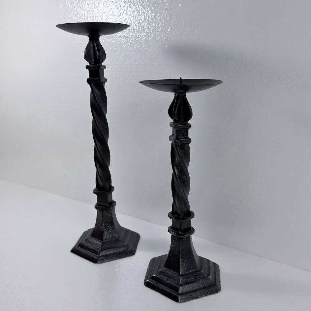 Vintage 2 Black Twist Cast Iron  Candle Holders 14